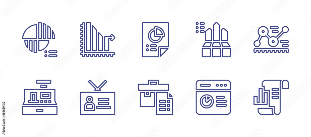 Business line icon set. Editable stroke. Vector illustration. Containing pie chart, bar chart, infography, chart, cashier machine, id card, portfolio, analytics.