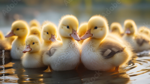 Group of yellow cute ducklings on the water of a pond or lake photo