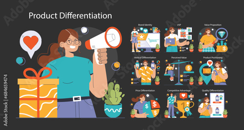 Product differentiation dark or night mode set. Product competitive advantages. Price and quality Brand recognition and market niche definition. Flat vector illustration