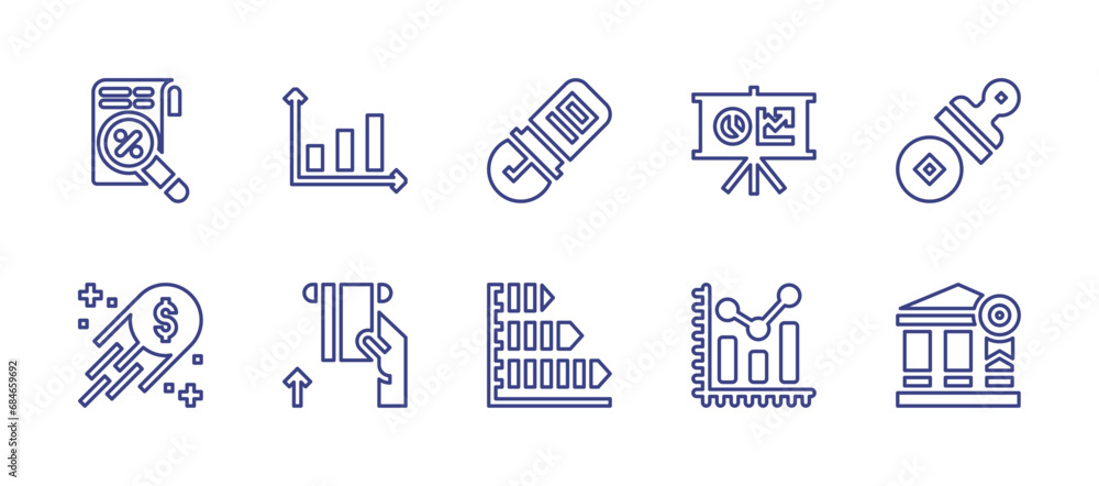 Business line icon set. Editable stroke. Vector illustration. Containing tax, money, graph, stamp, presentation, atm, bar chart, analytics, bank.