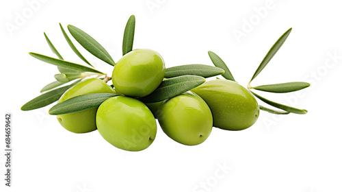 Green olives with leaves isolated on transparent background PNG image with background removed  created with Generative Ai technology.