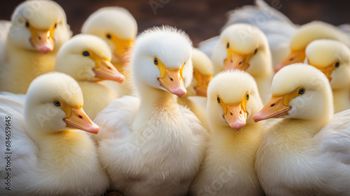 A group of ducks in rows looking at the camera. Close-up portrait in white and yellow colors photo