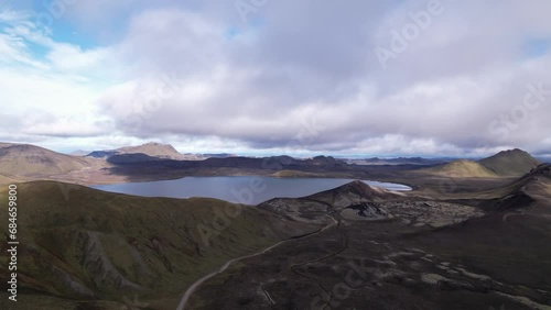 DRONE AERIAL FOOTAGE: The volcanic crater Stutur in Landmannalaugar highlands next to Frostastadavatn lake. Fjallabak Natural Reserve, Highlands of Iceland. photo