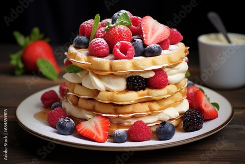 A stack of fluffy waffles topped with whipped cream and fresh berries.