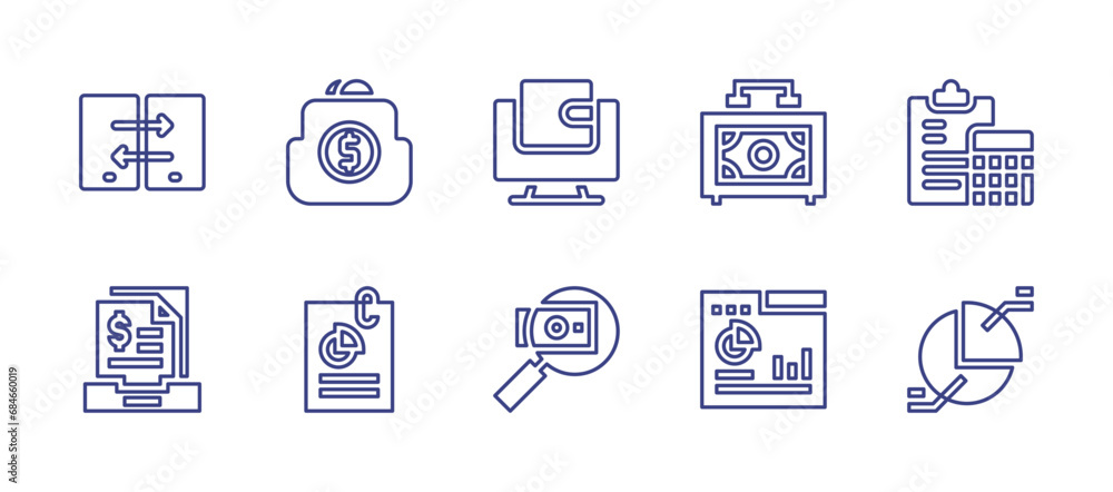 Business line icon set. Editable stroke. Vector illustration. Containing money transfer, purse, online wallet, suitcase, accounting, archive, report, cash, portfolio, pie chart.