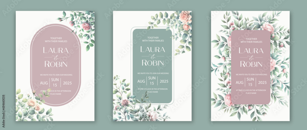 Fototapeta premium Weding card template with elegant greenery botanical leaf and branch.