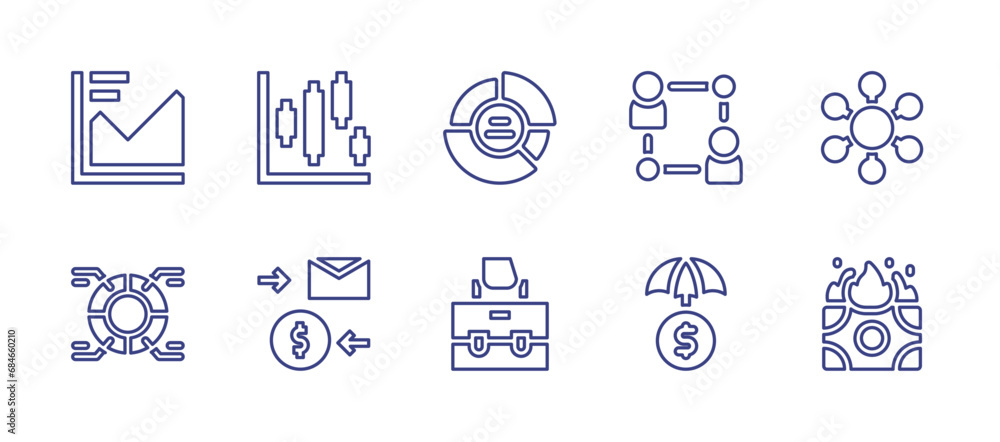 Business line icon set. Editable stroke. Vector illustration. Containing growth chart, candlestick chart, circular chart, pay, briefcase, investment, money, chart, relationship, connection.