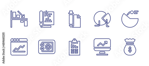 Business line icon set. Editable stroke. Vector illustration. Containing loss, analytics, contract, pie chart, stats, safebox, analysis, money bag.