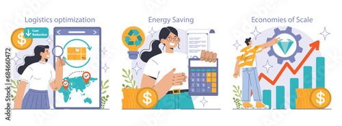 Reducing the cost of production set. Automatization and effective optimization of manufacturing expense. Balance of costs and income. Flat vector illustration