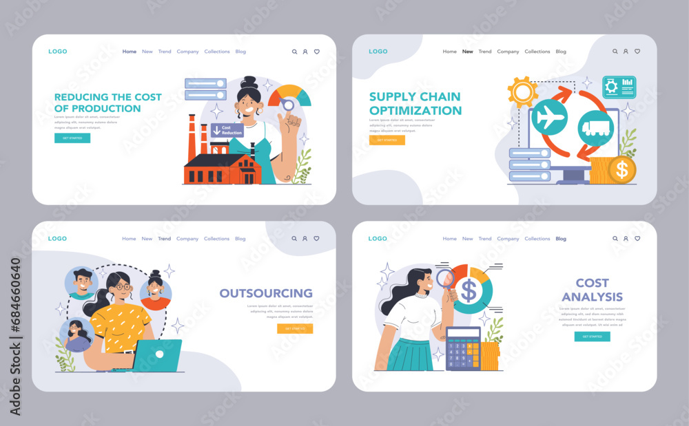 Reducing the cost of production web or landing set. Automatization and effective optimization of manufacturing expense. Balance of costs and income. Flat vector illustration