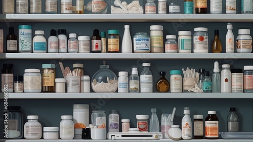 A well-stocked medicine cabinet with essential healthcare items and neatly arranged medications. photo