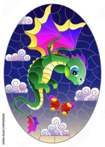 Stained glass illustration with bright green cartoon dragon against a cloudy blue night cloudy  sky, oval image