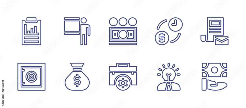 Business line icon set. Editable stroke. Vector illustration. Containing chart, presentation, money, time is money, correspondence, strongbox, money bag, briefcase, creativity.