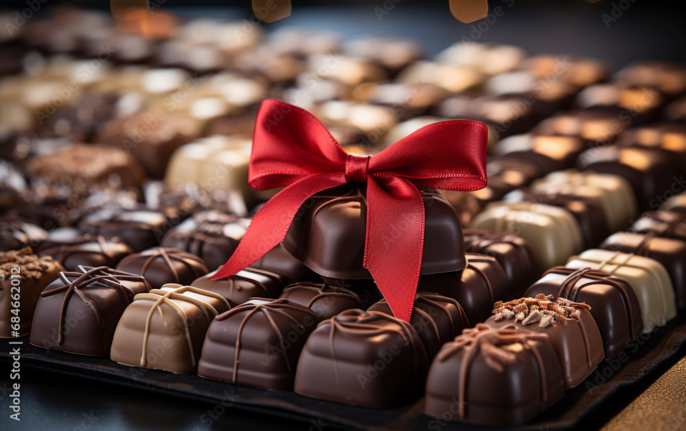 Obraz premium Chocolates in assorted flavors presented with an elegant red bow