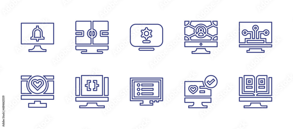 Computer screen line icon set. Editable stroke. Vector illustration. Containing settings, program, monitor, networking, love, desktop, video game, technology, coding, catalogue.