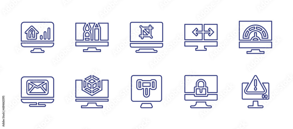 Computer screen line icon set. Editable stroke. Vector illustration. Containing graphic design, speed, d modeling, warning, email, monitor, crop, information, analysis, resize.