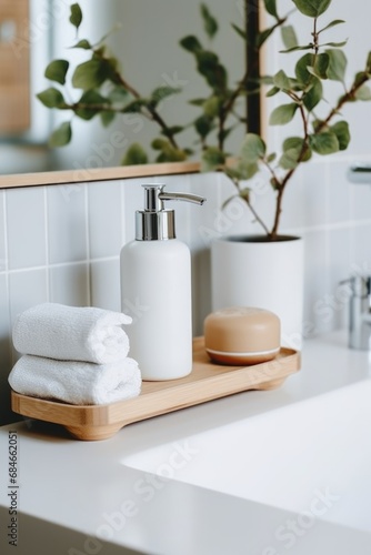 eco-friendly bottle Soap dispenser in bathroom interior. AI Generated © dark_blade