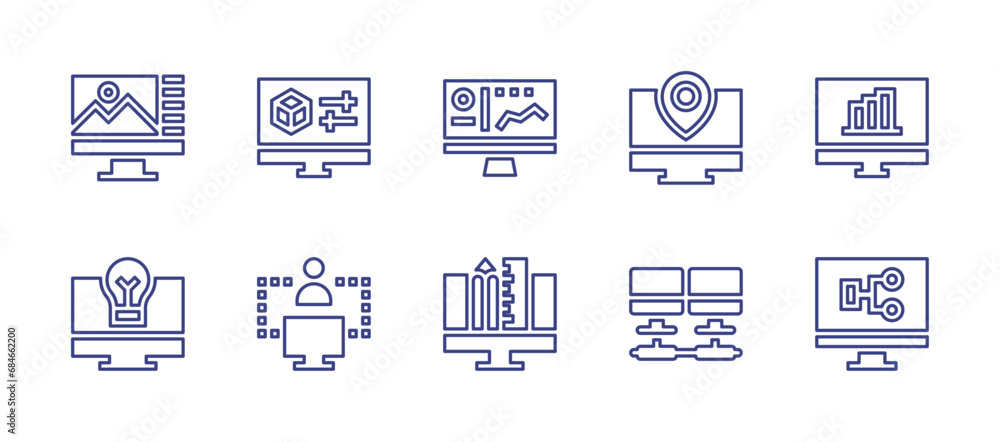 Computer screen line icon set. Editable stroke. Vector illustration. Containing graphic design, edit, location, idea, network, d design, analytics, connection, dashboard.
