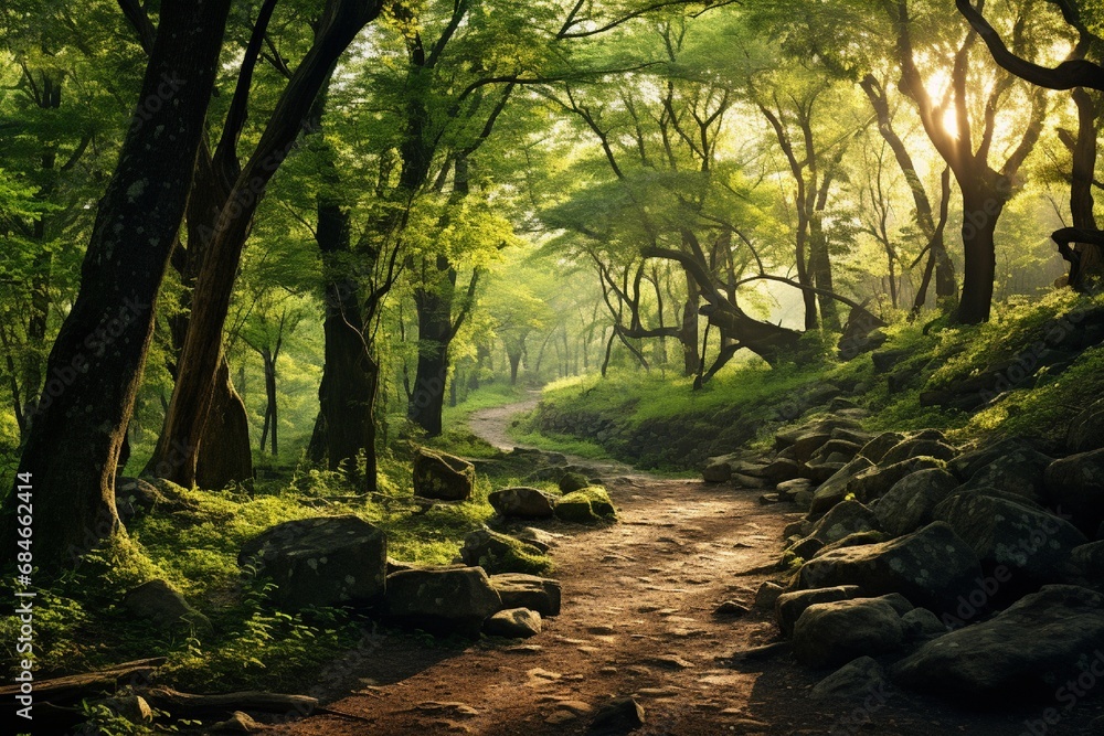 Naklejka premium A winding forest trail bathed in dappled sunlight, inviting exploration into the heart of nature.