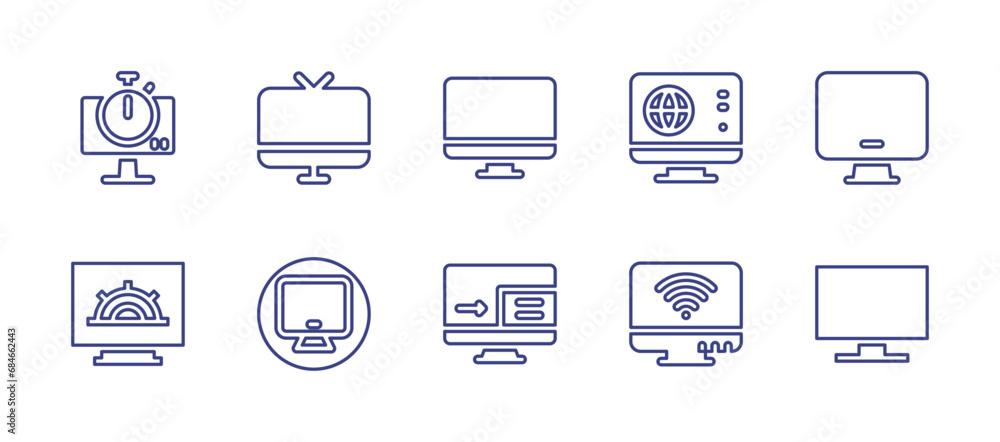 Computer screen line icon set. Editable stroke. Vector illustration. Containing screen, pop up, tv, computer screen, computer, stopwatch, www, settings, wifi.