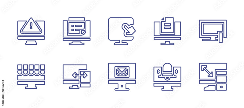 Computer screen line icon set. Editable stroke. Vector illustration. Containing computer, computer screen, notes, tv, warning, file, online shop, notification, responsive, connect.