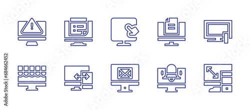 Computer screen line icon set. Editable stroke. Vector illustration. Containing computer, computer screen, notes, tv, warning, file, online shop, notification, responsive, connect.