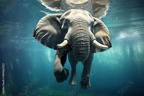 Swimming African Elephant Underwater. Big elephant in ocean with air bubbles and reflections on water surface