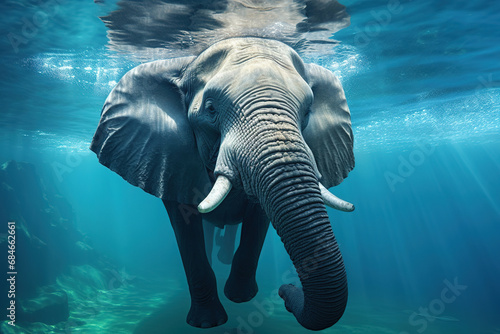 Swimming African Elephant Underwater. Big elephant in ocean with air bubbles and reflections on water surface © arhendrix