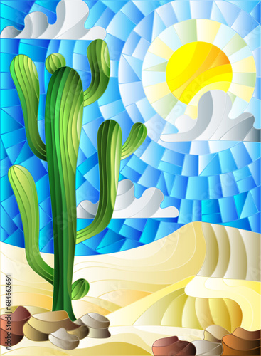 The illustration in stained glass style painting with desert landscape, cactus in a lbackground of dunes, sky and sun