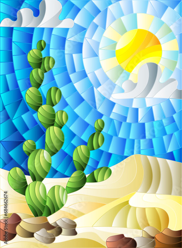 The illustration in stained glass style painting with desert landscape, cactus in a lbackground of dunes, sky and sun