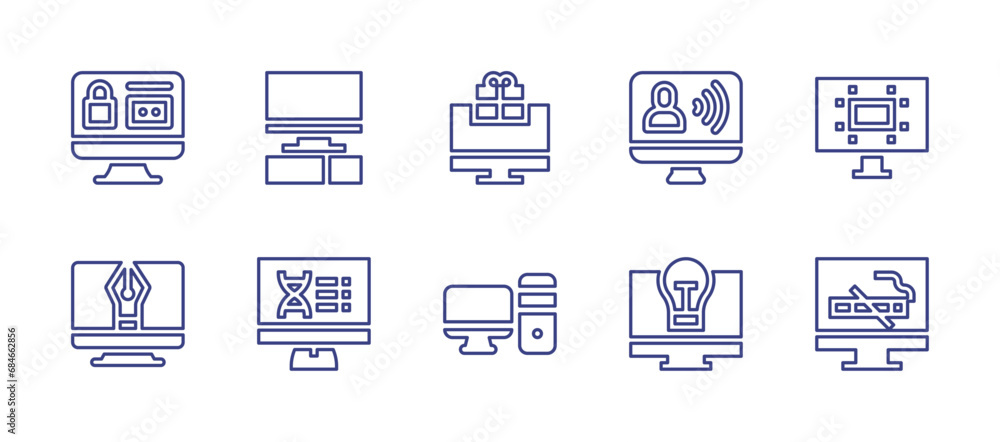 Computer screen line icon set. Editable stroke. Vector illustration. Containing login, influencer, design tool, idea, computer, personal computer.