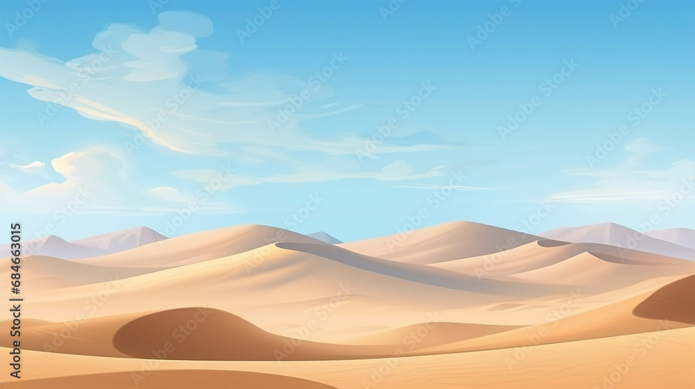 A dry desert surrounded by sand dunes with a clear sky.	
