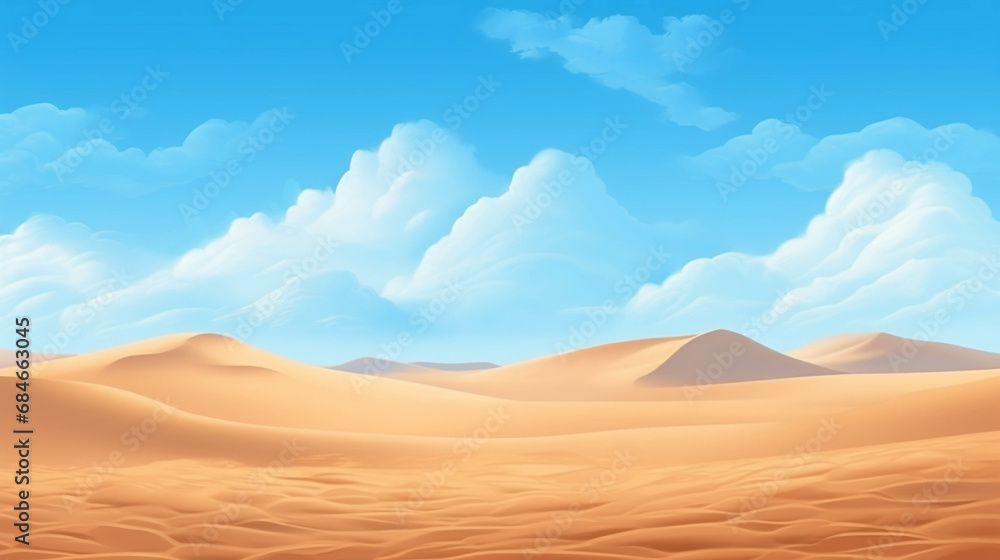 A dry desert surrounded by sand dunes with a clear sky.	
