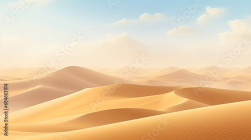 A dry desert surrounded by sand dunes with a clear sky.   © Gun