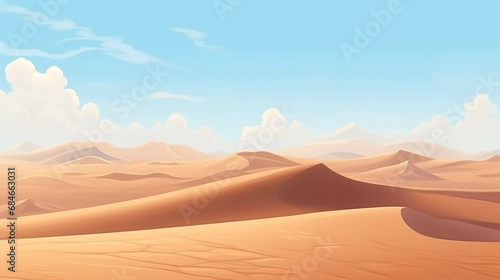 A dry desert surrounded by sand dunes with a clear sky.  