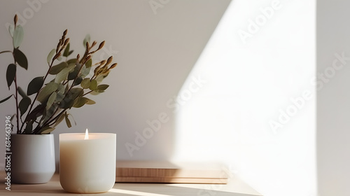 Natural fragranced white soy candle. interiors for lofts with a minimalist style. a closeup of the text copy area photo