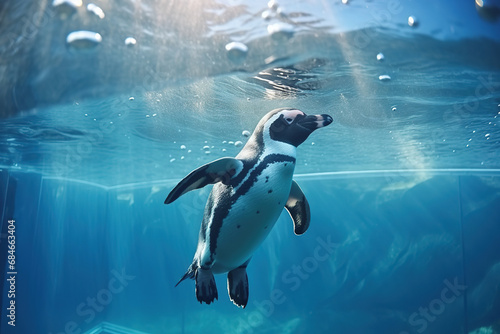 Penguin swimming in water tank. Aquarium and underwater animal
