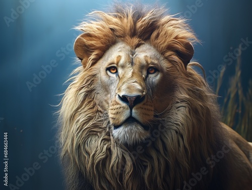 Portrait of a male lion with a beautiful mane on a dark background