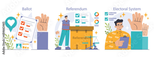 Election set. Democratic procedure, citizens choosing political party or candidate by the electoral process. Character checking a ballot on a referendum. Flat vector illustration
