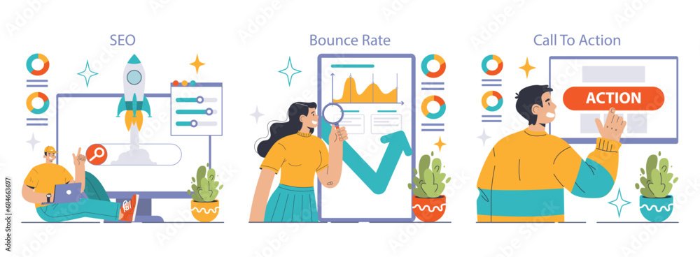 Website analysis set. Conversion rate and traffic analysis. Experts analyzing website performance. User engagement strategy. SEO optimization. Flat vector illustration Website analysis set. Conversion rate and traffic analysis. Experts analyzing website performance. User engagement strategy. SEO optimization. Flat vector illustration