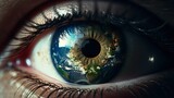 Earth inside the eye made with Ai generative technology, person is fictional