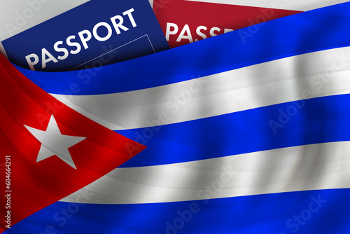 Photography Cuban flag background and passport of Cuba