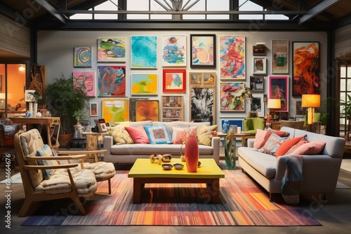 An eclectic living space with mismatched furniture, vibrant rugs, and a gallery wall showcasing diverse artwork. photo
