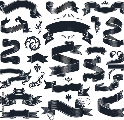 Graphic set of simple rectangle ribbons Vector black shape Image white background