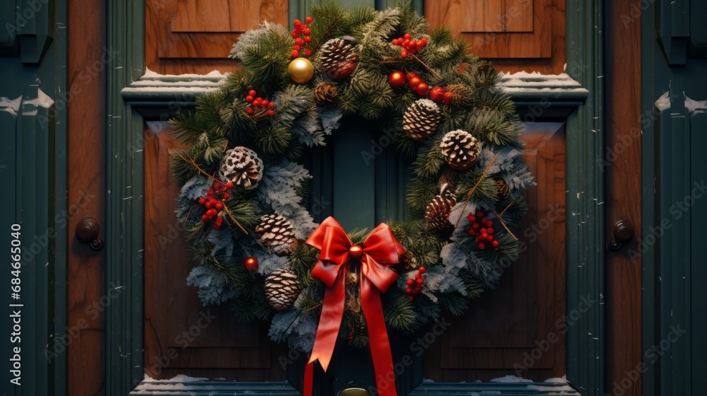 Beautiful Christmas Wreath Adorning a Front Door. Festive Elegance Beautiful Christmas Wreath Adorning a Front Door. Festive Elegance