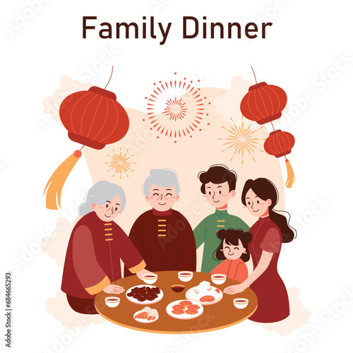 Chinese New Year tradition. Cheerful asian family leisure on festive day. Characters celebrate national asian festivity with fireworks, lantern and dragon dance. Flat vector illustration