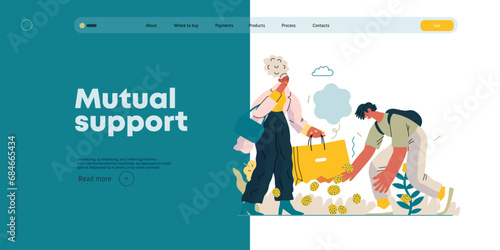 Mutual Support: Pick up fallen item -modern flat vector concept illustration of man collecting fruits that fell from woman's bag A metaphor of voluntary, collaborative exchanges of resource, services