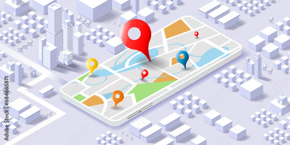 Maps and navigation online with pointer Marker Location on mobile. Mobile GPS, City isometric plan with road and buildings, Travel, World Map. Isometric smart city concept. 3d vector illustration