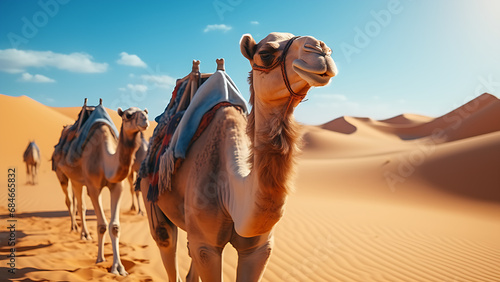 Camel caravan travels through the sand dunes