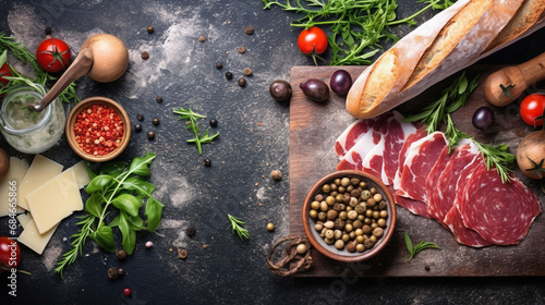 Ingredients for sandwich with smoked meat, baguette, basil, arugula, olives, cherry-tomatoes, parmesan cheese, garlic and spices over black grunge background. Top view photo